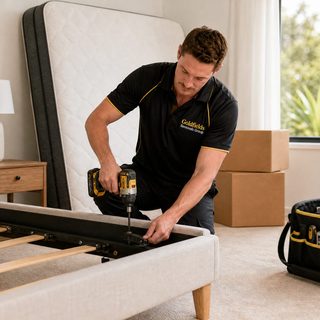 Goldfields Removals Group crew member disassembling a bed frame with a power drill