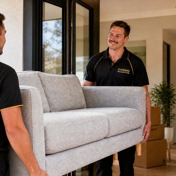Goldfields Removals Group crew carrying a sofa into a house during a furniture removal