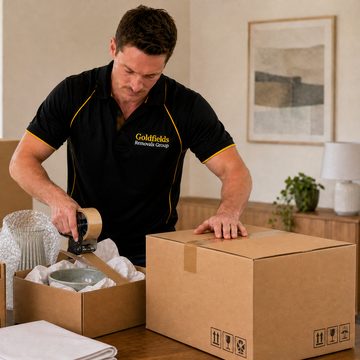 Goldfields Removals Group crew member taping and packing boxes with bubble wrap and paper