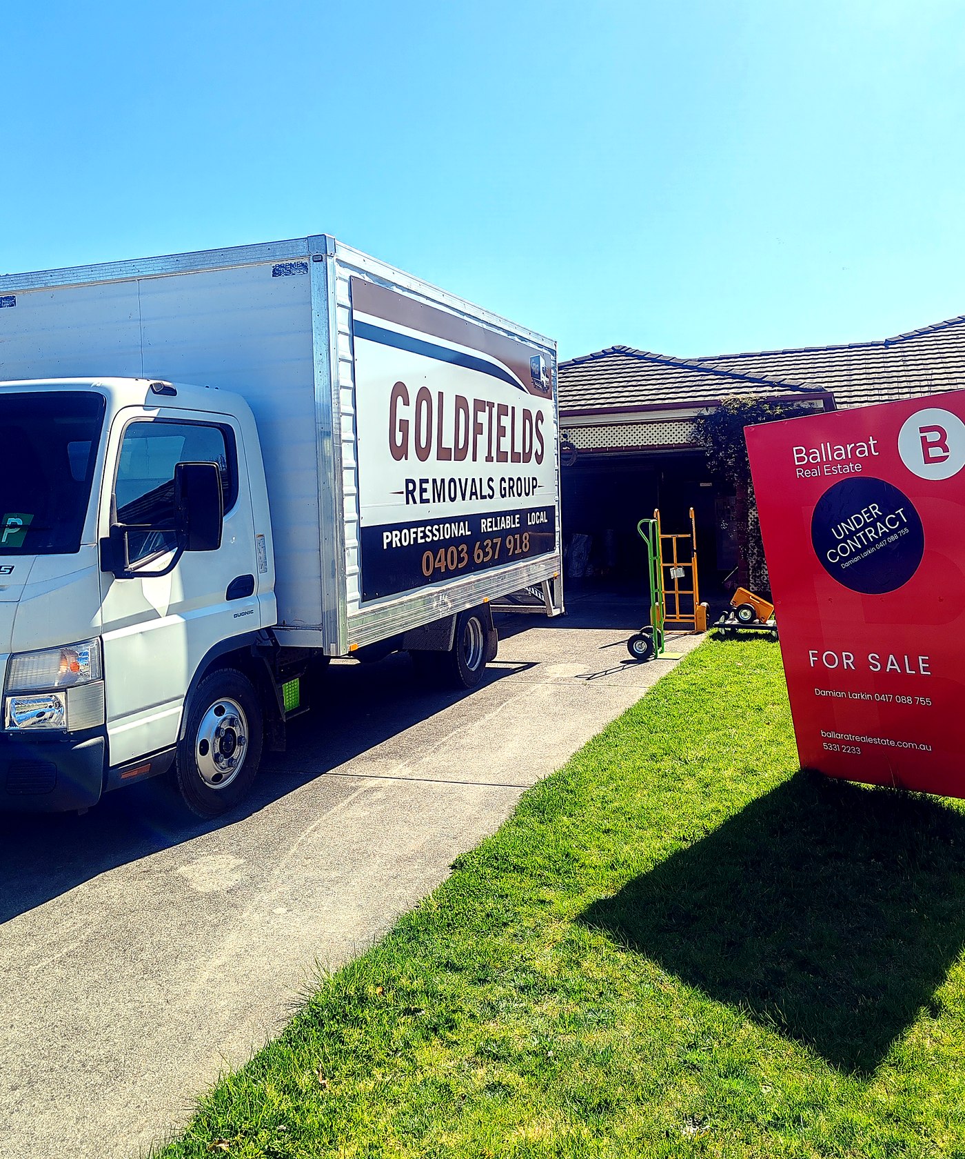 Goldfields Removals Group truck with branded signage parked in a Ballarat driveway